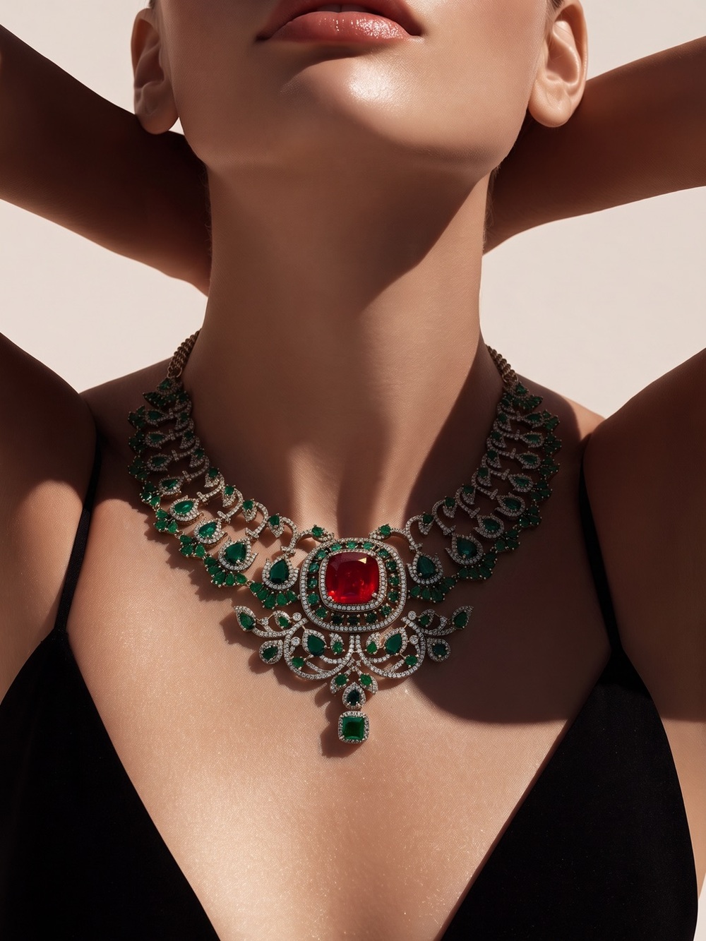 Luxurious Green & Red Statement Necklace set - Women Jewelry